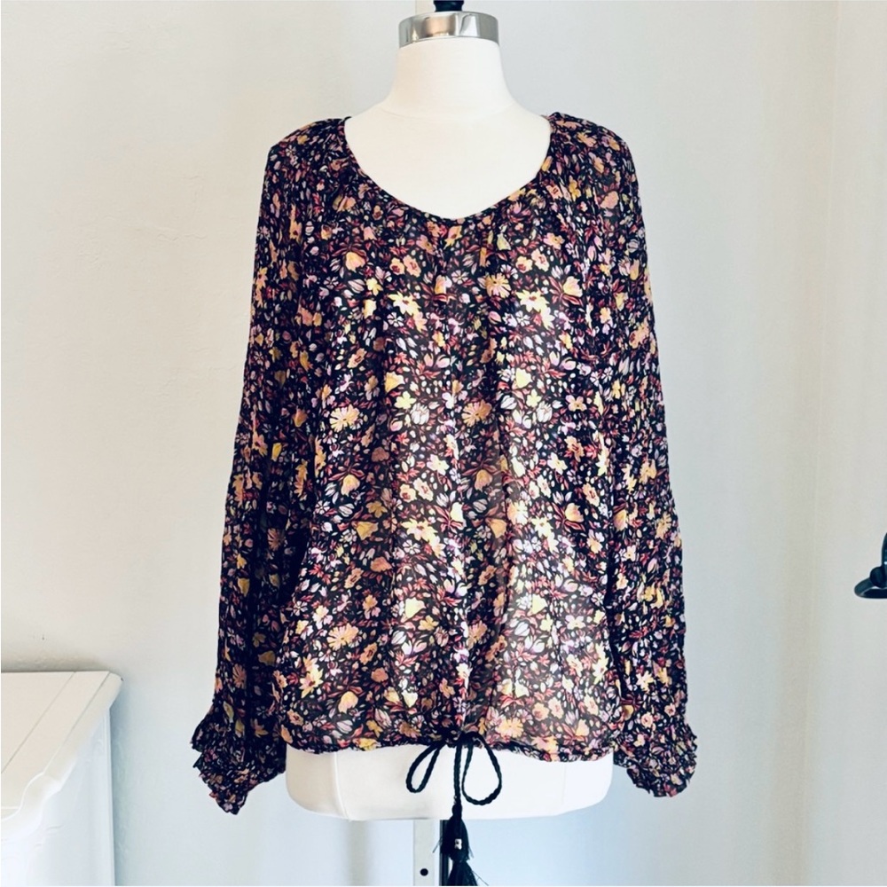 Anthropologie Pauline Balloon Sleeve Chiffon Blouse, Black Multi Floral XL NWT